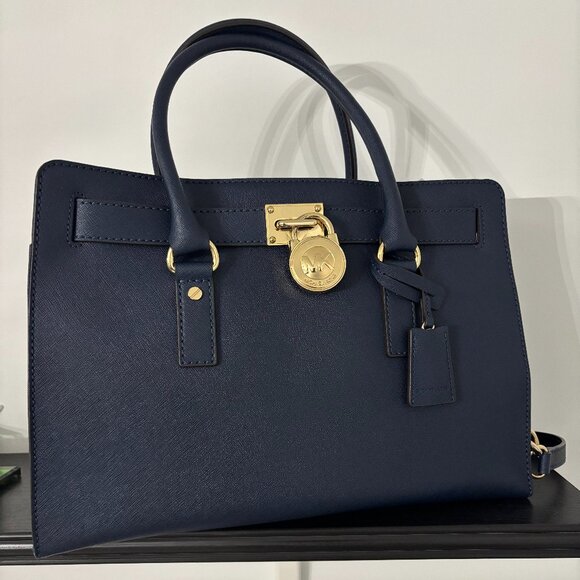 MICHAEL Michael Kors Navy Blue Leather North South Hamilton Tote - Picture 1 of 10